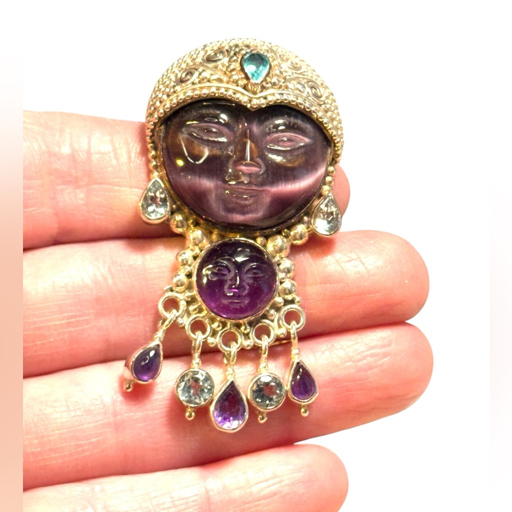 Stunning carved amethyst GODDESS sterking silver topaz Sajen pendant brooch